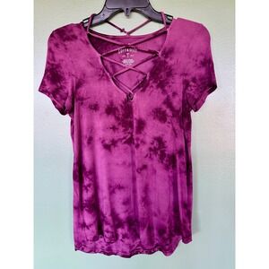 American Eagle Soft & Sexy Purple Tie Dye Lattice Strappy V-Neck T-Shirt Small